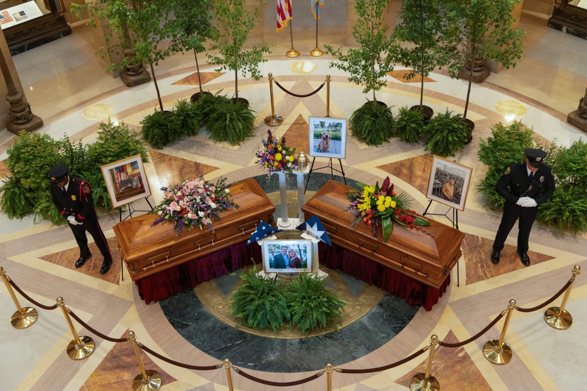 The caskets of senior Democratic state assemblywoman Melissa Hortman and her husband, Mark, lie in state June 27, 2025, at the Minnesota Capitol in St. Paul.